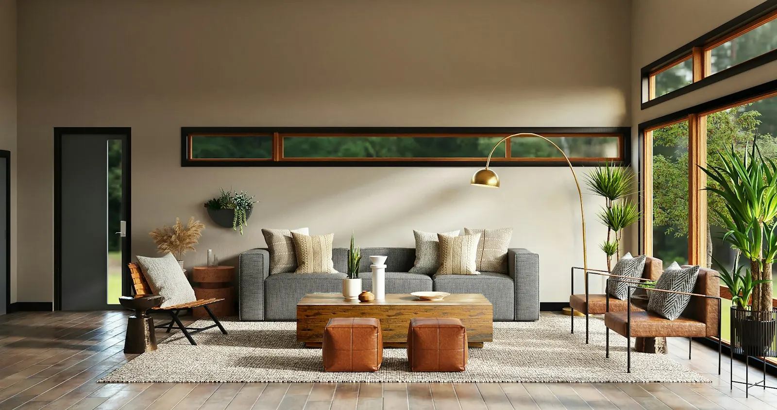 Sala íntima com janelas horizontais e luz natural